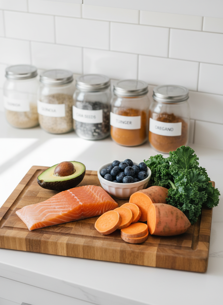 A bright, organized kitchen counter with a wooden cutting board displaying a colorful array of Hashimoto’s-friendly whole foods: halved avocado with a glossy seed, wild-caught salmon fillet with visible marbling, a small bowl of blueberries, a bunch of kale, and sliced sweet potatoes showing vibrant orange flesh. Behind them, neatly labeled glass jars of gluten-free grains and spices line a simple white tile backsplash. Soft, diffused daylight from the left illuminates the fresh textures, creating gentle highlights and natural shadows. Captured from a slightly elevated angle in photographic realism, the composition is clean and balanced, conveying a professional, evidence-based approach to nutrition that feels inviting, nourishing, and achievable.