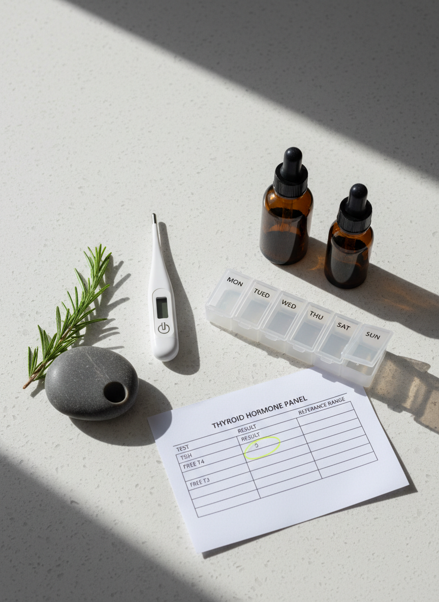A close-up, photographic realist still life of a minimalist thyroid health toolkit neatly laid out on a smooth, pale stone surface: a digital thermometer, a sleek pill organizer with compartments labeled for each day, two amber glass dropper bottles, and a printed lab report showing thyroid hormone levels with key values lightly highlighted. A sprig of fresh rosemary and a small, smooth gray worry stone sit nearby, adding organic and tactile contrast. Soft overcast window light from above and to the right creates even illumination with subtle, crisp shadows. The composition uses an overhead bird’s-eye view for clinical clarity while maintaining a calm, professional mood, ideal for illustrating step-by-step health tracking and management.