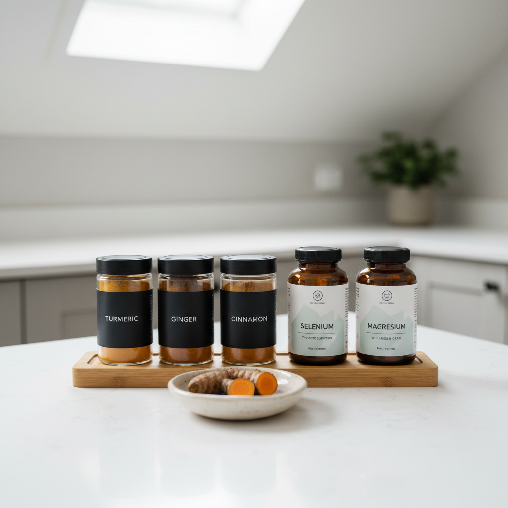 A detailed, photographic realist close-up of a Hashimoto’s-friendly spice and supplement corner on a white quartz countertop. A narrow bamboo tray neatly holds dark glass jars of turmeric, ginger, and cinnamon, each labeled in simple, modern fonts, alongside two amber supplement bottles for selenium and magnesium with clean, clinical labels. A small ceramic dish contains a bright golden turmeric root and a sliced piece showing its vivid interior. Overhead, soft natural light from a skylight provides even illumination, producing delicate, crisp shadows and emphasizing fine textures. Shot from a slightly elevated angle with a shallow depth of field, the background dissolves into a tasteful blur of neutral kitchen tones. The scene feels precise, professional, and quietly hopeful, emphasizing small, evidence-aligned daily choices.