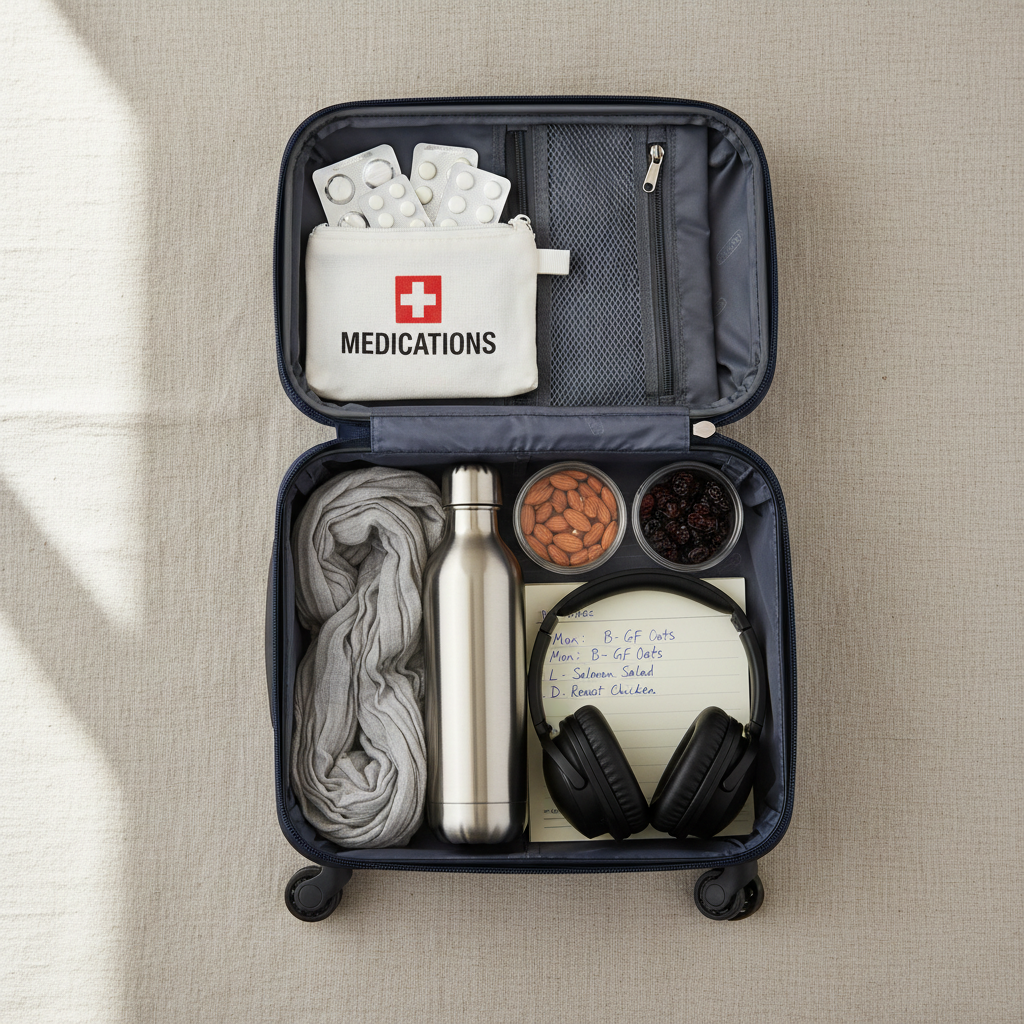 A travel-friendly Hashimoto’s wellness flat lay on a neutral fabric surface: a compact, navy hard-shell carry-on opened to reveal carefully organized contents. Inside are a labeled medication pouch with blister packs aligned neatly, a stainless steel insulated water bottle, a small BPA-free container of pre-portioned snacks like almonds and dried blueberries, and a slim, printed itinerary marked with meal planning notes. A lightweight cashmere scarf and noise-canceling headphones are folded precisely alongside. Soft, indirect daylight from a nearby window creates gentle gradients of light and shadow, enhancing textures without harsh contrast. Captured from a true overhead perspective in photographic realism, the composition feels orderly, calm, and professional, perfectly illustrating strategic, low-stress autoimmune travel preparation.