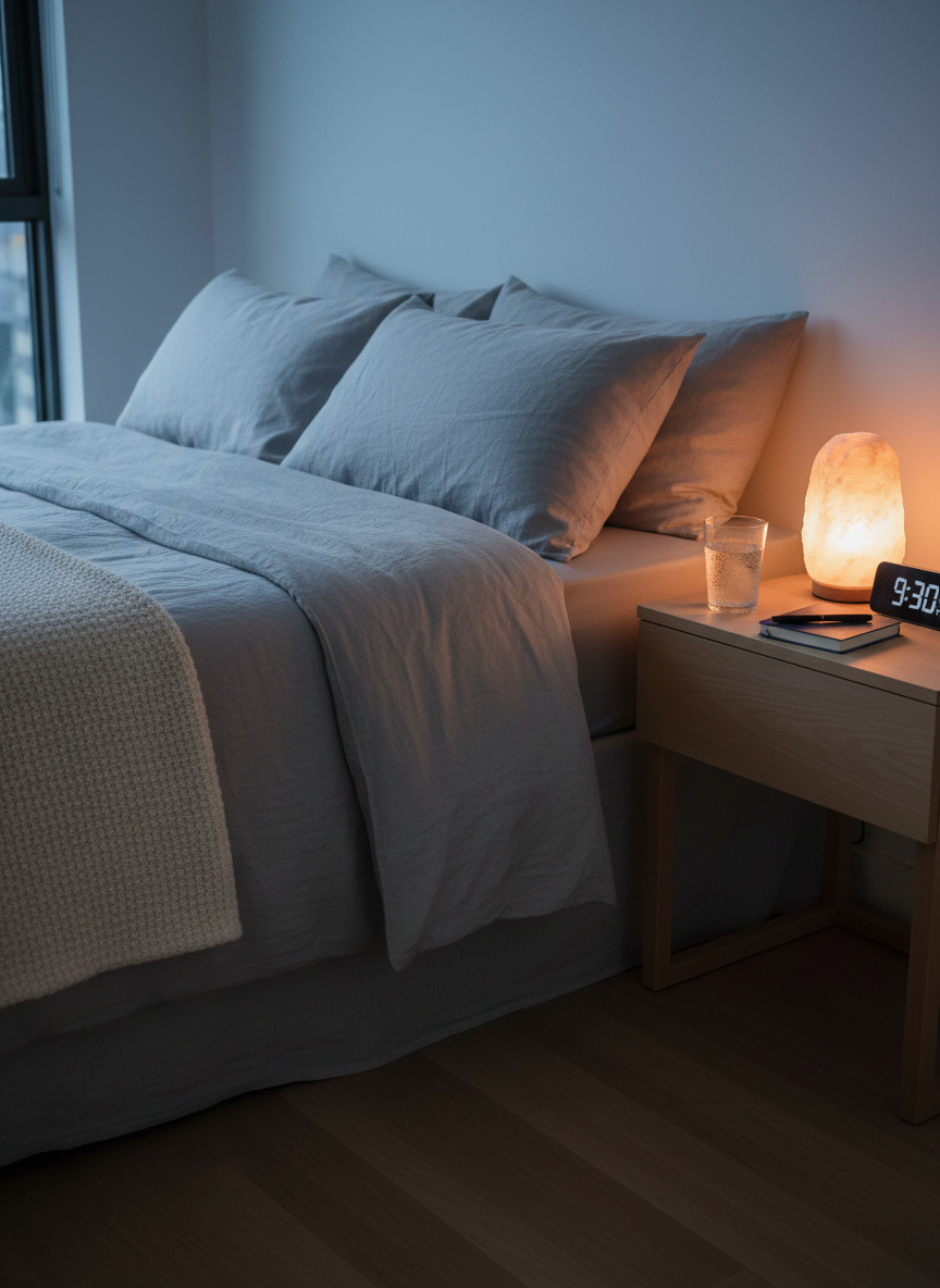 A serene bedside scene in photographic realism: a neatly made bed with light gray linen sheets and a textured, chunky knit throw folded at the foot, beside a simple wooden nightstand. On the nightstand rests a glass of filtered water with tiny condensation droplets, a small hardcover sleep journal with a pen aligned parallel to its spine, a dimmable salt lamp casting a warm amber glow, and a discreet alarm clock showing an early bedtime. The room is softly lit by the lamp and faint residual twilight through a nearby window, creating layered, gentle shadows. Shot at an eye-level angle with a slightly wide frame, the composition emphasizes restful routines and thyroid-friendly sleep hygiene in a calm, professional, and inviting atmosphere.