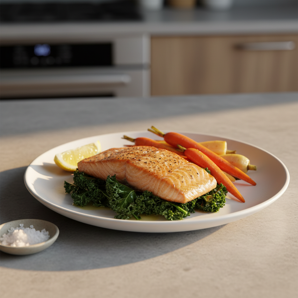 A focused, photographic realist close-up of a white ceramic plate on a light stone countertop, showcasing a carefully composed Hashimoto’s-friendly meal: wild-caught salmon with a seared, slightly crisp skin, resting on a bed of sautéed kale with glistening olive oil, alongside roasted carrots and parsnips caramelized at the edges. A small dish of coarse sea salt and a wedge of lemon sit to the side. The background fades into a softly blurred, minimal kitchen scene. Natural golden hour light from the right side adds warm highlights to the salmon and vegetables, with soft shadows enhancing texture. Shot from a three-quarter angle following the rule of thirds, the image feels nourishing, elevated, and professionally styled without being fussy.