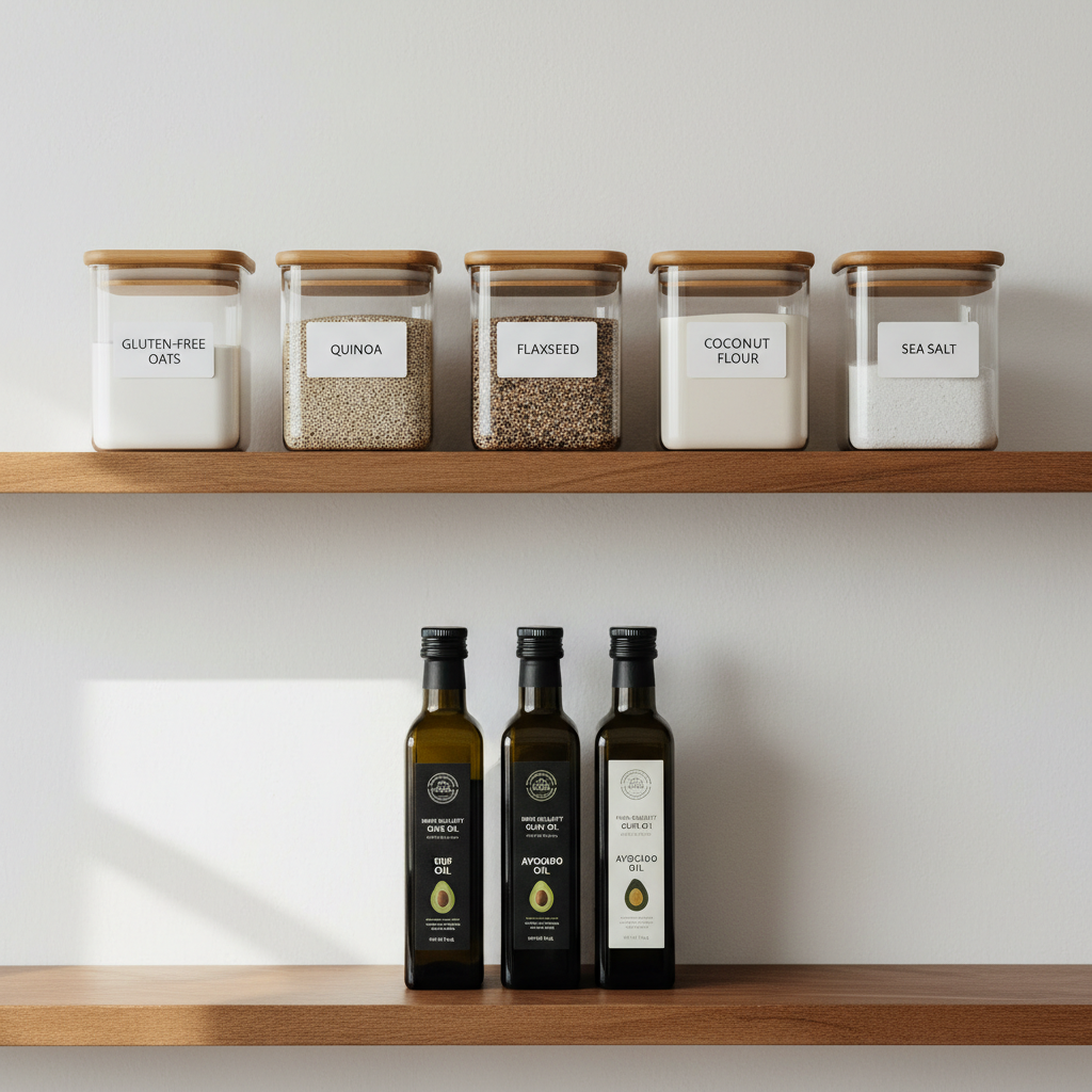 A neatly arranged autoimmune-friendly pantry shelf in photographic realism, featuring rows of clear, square glass containers with bamboo lids, each labeled with clean, minimal typography: gluten-free oats, quinoa, flaxseed, coconut flour, and sea salt. On the lower shelf, a few bottles of high-quality olive oil and avocado oil stand in a straight line, labels turned outward. The backdrop is a matte white wall, and the shelving is warm natural wood. Soft, diffused daylight from an unseen window to the left creates gentle, even lighting with faint, elongated shadows. Shot straight on with sharp focus throughout, the composition feels orderly, calm, and reassuringly professional, illustrating sustainable, Hashimoto’s-friendly kitchen organization.