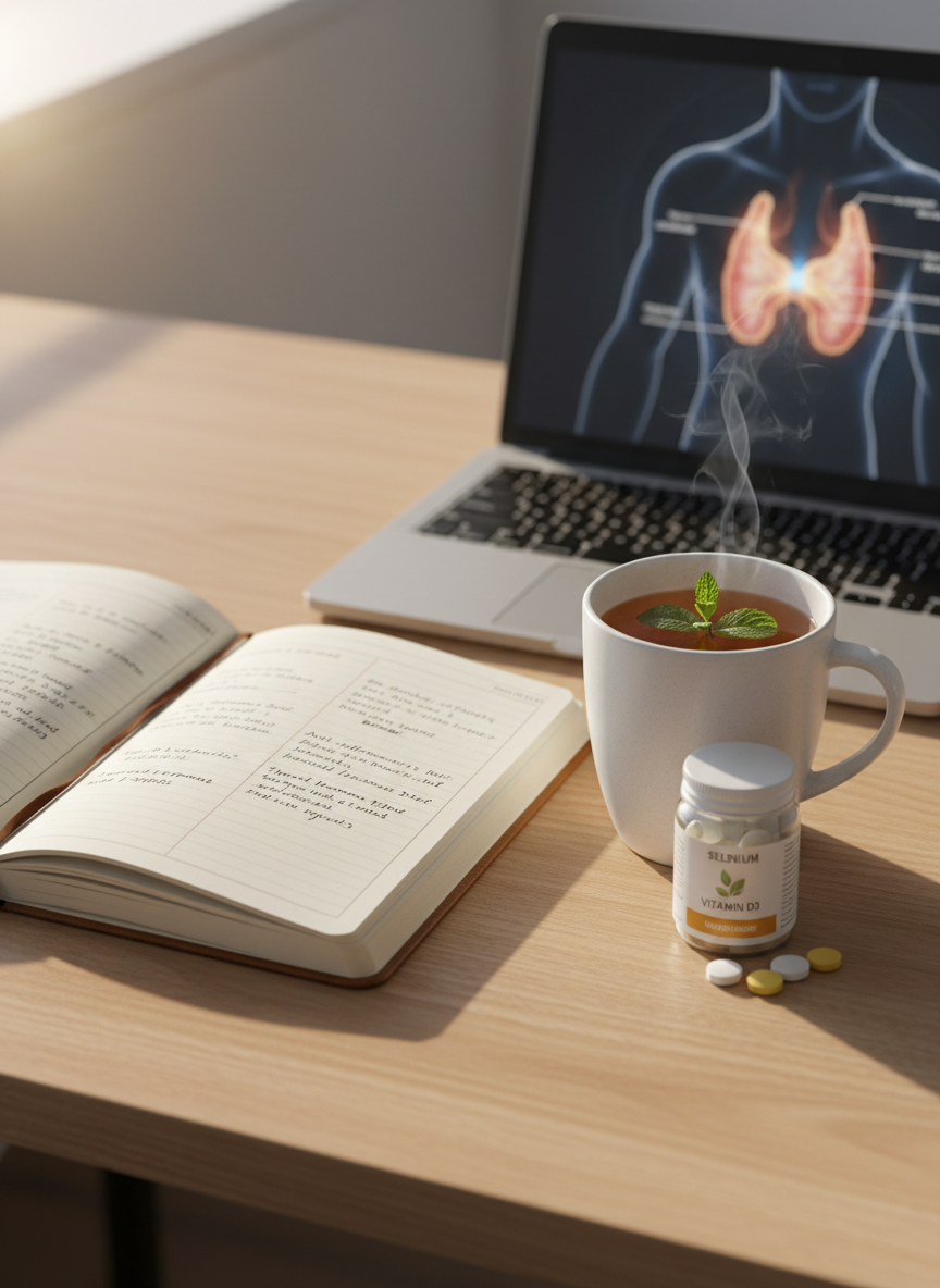 A meticulously arranged autoimmune wellness workspace on a light oak desk, featuring an open linen-bound journal filled with neat handwritten notes about Hashimoto’s, a sleek white ceramic mug of herbal tea releasing gentle steam, and a small glass jar of selenium and vitamin D supplements with labels facing outward. In the background, a softly blurred laptop screen displays a thyroid anatomy diagram. Natural morning light filters through an unseen window, casting soft, directional highlights and calm shadows. Shot at eye level with shallow depth of field, the composition follows the rule of thirds, emphasizing clarity and order. The photographic realism and clean, modern aesthetic create a professional, reassuring atmosphere of organized self-education and calm focus.