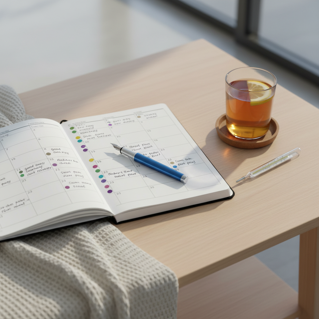 A calming autoimmune symptom-tracking vignette on a pale wooden coffee table in photographic realism. At the center lies an open, structured planner with dated pages filled with neatly organized symptom, mood, and energy level entries marked with small color-coded dots. Beside it rests an analog thermometer, a slim, modern blue fountain pen, and a minimalist glass of herbal tea with a floating slice of lemon. A soft, woven throw blanket drapes over the edge of the table, slightly entering the frame. Gentle, diffused morning light pours in from a window behind, creating a luminous, airy atmosphere with subtle, soft-edged shadows. Captured at a slight overhead angle, the scene feels methodical yet compassionate, encouraging mindful, professional self-monitoring.